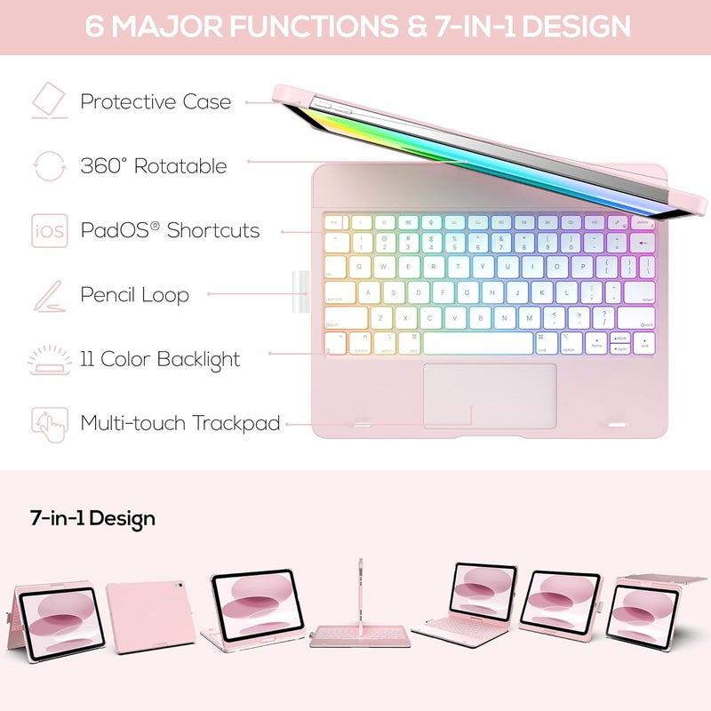 typecase حافظة تايب كيس مع لوحة مفاتيح لجهاز iPad الجيل العاشر (10.9 بوصة، 2022) وiPad A16 (الجيل الحادي عشر، 2025) – قابلة للدوران 360 درجة، إضاءة خلفية بـ 11 لونًا، لوحة لمس متعددة اللمس، رفيعة وخف��فة (وردي فاتح) - Image 3