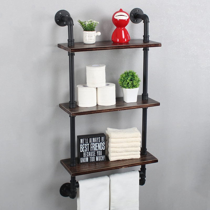 Industrial Pipe Shelf Bathroom Shelves Wall Mounted196in Rustic Wood Shelf with Towel Bar3 Tier Farmhouse Towel Rack Over ToiletPipe Shelving Floating Shelves Towel HolderRetro Black