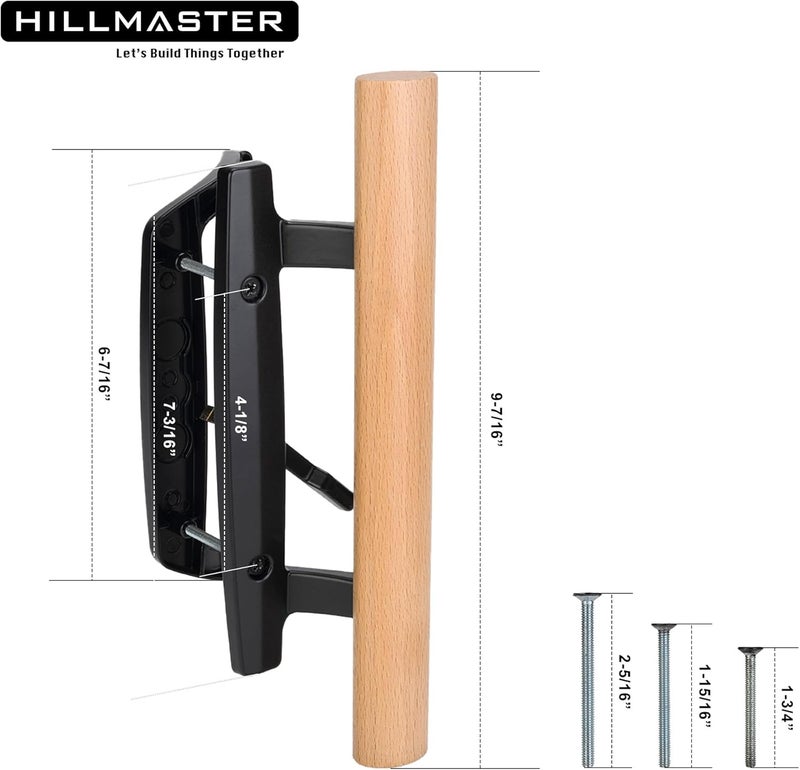 HILLMASTER Patio Sliding Door Handles Replacement Set,Mortise Style Reversible Design Non-keyed Sliding Patio Glass Door Handles with Wood Handle, Black Diecast Finish Fit 3-15/16” Screws Hole Spacing - Image 2