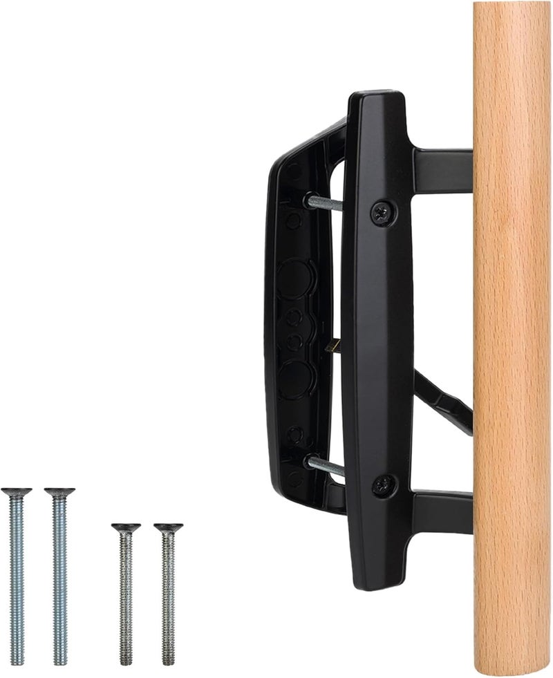HILLMASTER Patio Sliding Door Handles Replacement Set,Mortise Style Reversible Design Non-keyed Sliding Patio Glass Door Handles with Wood Handle, Black Diecast Finish Fit 3-15/16” Screws Hole Spacing - Image 1