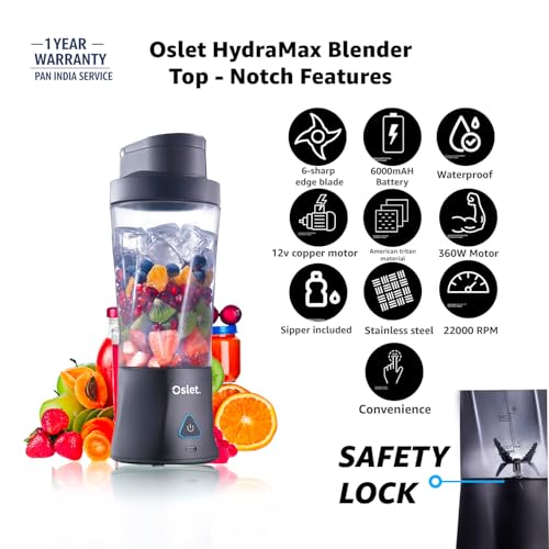 Oslet HydraMax 360W Portable Blender 700ml | 22,000 RPM | 6000mAh Battery (35+ Blends) | 6 Stainless Blades | Fast Charging | BPA-Free | Waterproof | Multi-Purpose for Smoothies, Shakes & Baby Food - Image 5