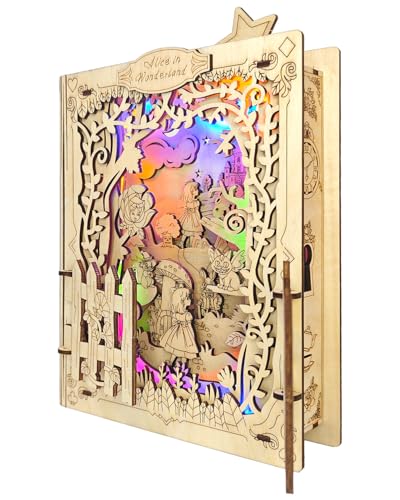 Jigtoy 3D Wooden Puzzles for Kids Alice in Wonderland Book Nook Kits with Night Light Feature - Image 1