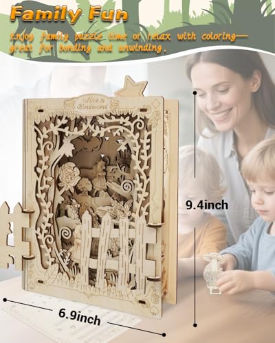 Jigtoy 3D Wooden Puzzles for Kids Alice in Wonderland Book Nook Kits with Night Light Feature - Image 5