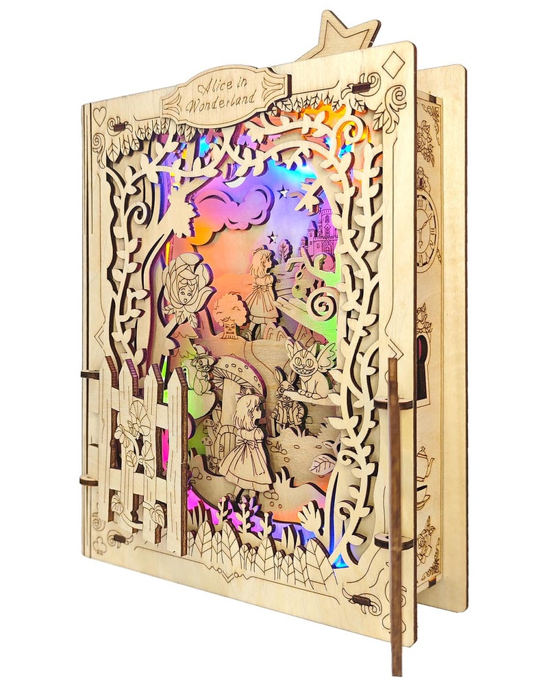 Jigtoy 3D Wooden Puzzles for Kids Alice in Wonderland Book Nook Kits with Night Light Feature - Image 3