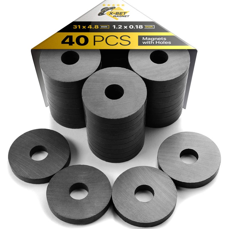 X-bet MAGNET مغناطيس حلقة الفريت مع ثقوب - 1.2 بوصة (31 مم) مغناطيس دائري على شكل دونات - مغناطيسات ثقوب دائرية - مغناطيسات سيراميكية دائرية مثالية للحرف اليدوية و DIY - Image 1