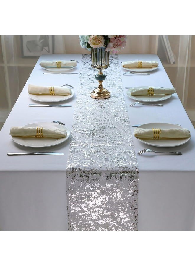 Snowkingdom Silver Table Runner, Sequin Glitter Foil Metallic Silver Mesh Table Runner Roll 11 Inch x 49 Feet, Silver Table Decorations Centrepiece for Wedding Birthday Party Christmas Baby Shower - Image 4