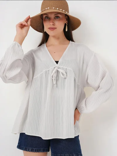 BIG DART BDART Textured Seersucker V-Neck Blouse with Bow Tie