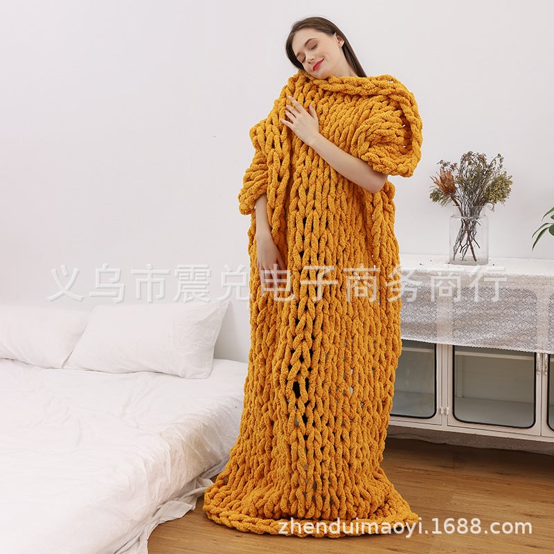 Chenille Chunky Knit Blanket Handmade Turmeric 