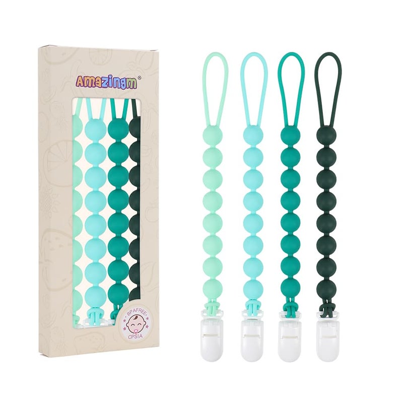 One Piece Design Silicone Pacifier Clip Holder for Baby Boys and GirlsFlexible Pacifier LeashesSoft Teether Clip for Newborns4Pack Green