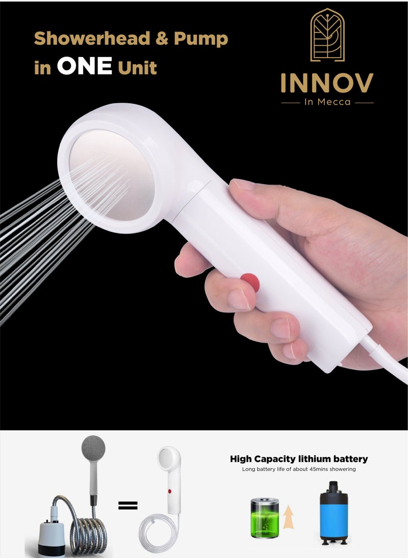 INNOV In Mecca Portable Outdoor Shower battery powered - Multi-purpose Travel Bidet, Shattaf, Camping Shower rechargeable - Pumps Water from Bucket Into Strong, Steady shower stream  - Image 1