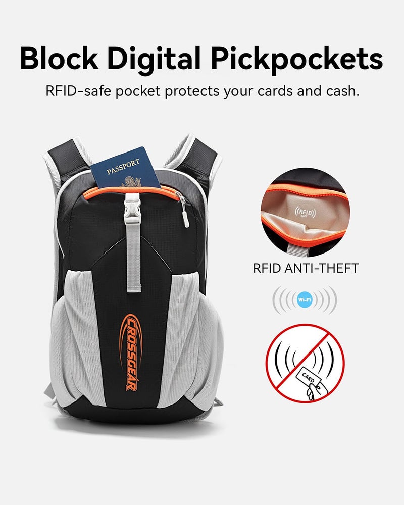 CROSS+GEAR CROSSGEAR 16L RFID Hiking Backpack, Lightweight Foldable Packable Backpack, Small Travel Hiking Daypack for Women Men Black - Image 4