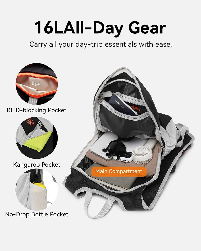 CROSS+GEAR CROSSGEAR 16L RFID Hiking Backpack, Lightweight Foldable Packable Backpack, Small Travel Hiking Daypack for Women Men Black - Image 3