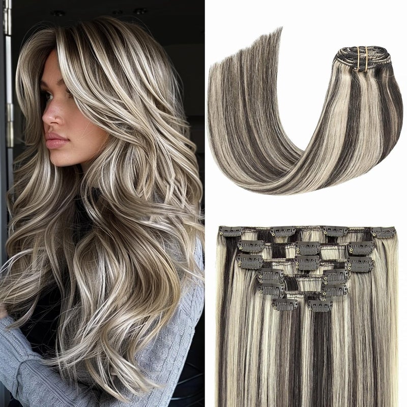Aison 15 Inch Clip in Hair Extensions 70G Dark Brown to Blonde 100 Remy Human Hair Soft Silky Straight for Fashion Women 7pcs 16clips One Pack 15 Inch 2P613