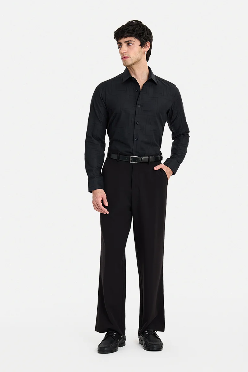 سنيتش Black Geometric Long Sleeve Slim Fit Formal Shirt