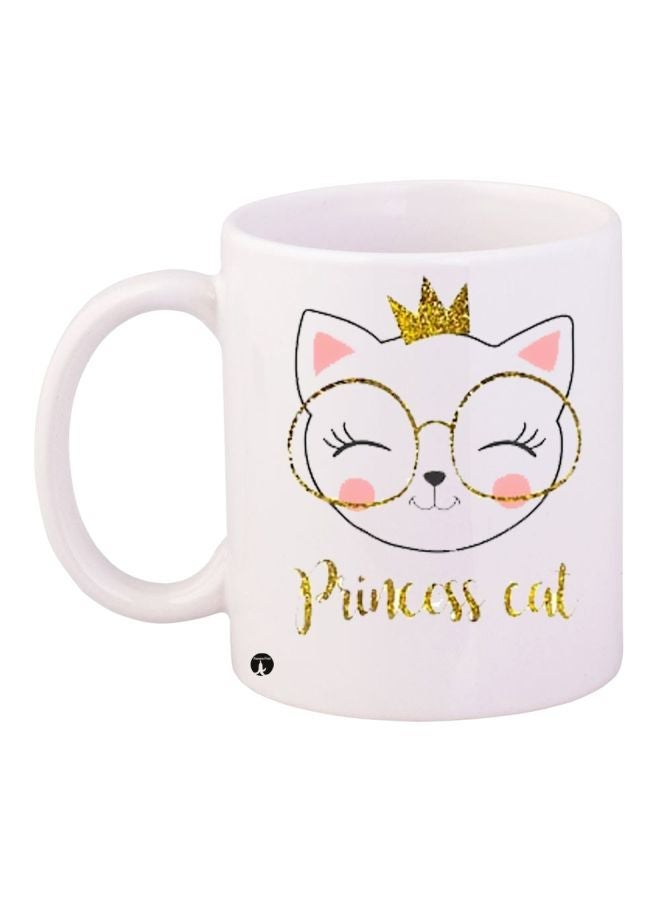 Princess Cat Printed Coffee Mug White/Gold/Beige 11ounce