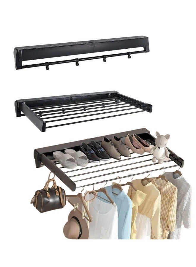 GGEROU Clothes Laundry Drying Rack, Collapsible Wall Mounted Retractable Clothes Drying Rack, Invisible Retractable Folding Laundry Dryer Rack, 7 Drying Rods 4 Movable Hook, Black - Image 1