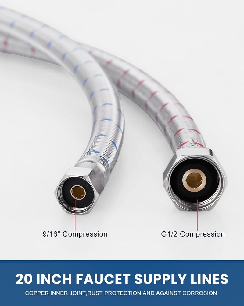 ALEASHA 20'' Length Faucet Supply Line, Stainless Steel Braided cUPC Sink Hose with G1/2" FIP x 3/8" Compression Supply Hose for Sink Faucet Bathroom Kitchen Faucet Connector Water Supply Line 2 PCS - Image 3