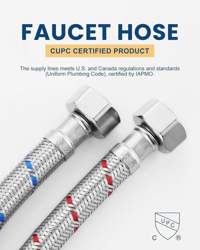 ALEASHA 20'' Length Faucet Supply Line, Stainless Steel Braided cUPC Sink Hose with G1/2" FIP x 3/8" Compression Supply Hose for Sink Faucet Bathroom Kitchen Faucet Connector Water Supply Line 2 PCS - Image 4