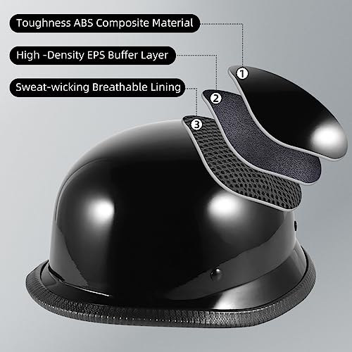 Pretoee German Style Motorcycle Helmet - Thin Skull Cap Half Face Helmet for Adult Men & Women, DOT Approved (Bright Black, X-Large) - Image 3