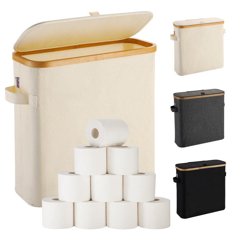 FuBegi Toilet Paper Basket With Lid for Mega Rolls Large Bamboo Organizer Holder Stand for Bathroom Enclosed Tissue Storage Bin Box Container Free Standing Beige - Image 2