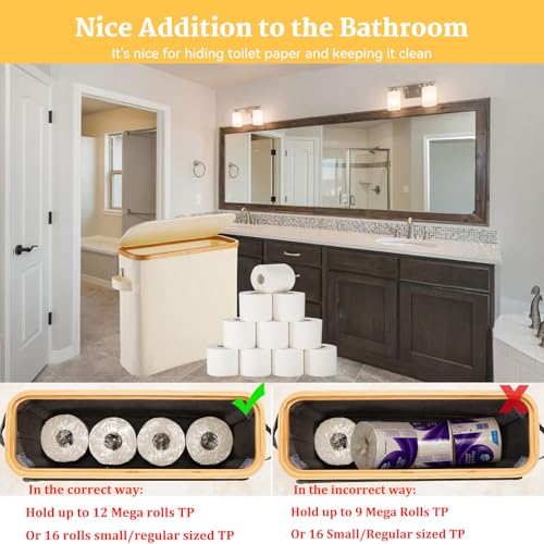 FuBegi Toilet Paper Basket With Lid for Mega Rolls Large Bamboo Organizer Holder Stand for Bathroom Enclosed Tissue Storage Bin Box Container Free Standing Beige - Image 3