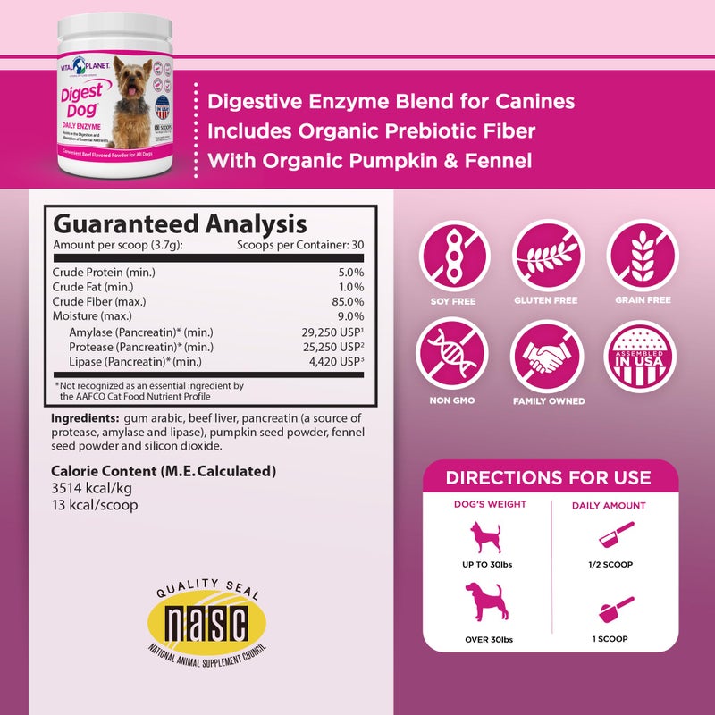 Vital Planet - Digest Dog Digestive Pancreatic Enzyme Blend with Pumpkin and Fennel to Support The Pancreas and Healthy Digestion with Pancreatin, Beef Flavored Powder for Dogs - 111 Grams 30 Scoops - Image 2