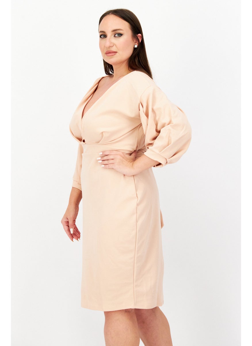 boohoo - Women Plus Size Surplice Neck 3/4 Sleeve Textured Mini Dress, Peach - Image 1