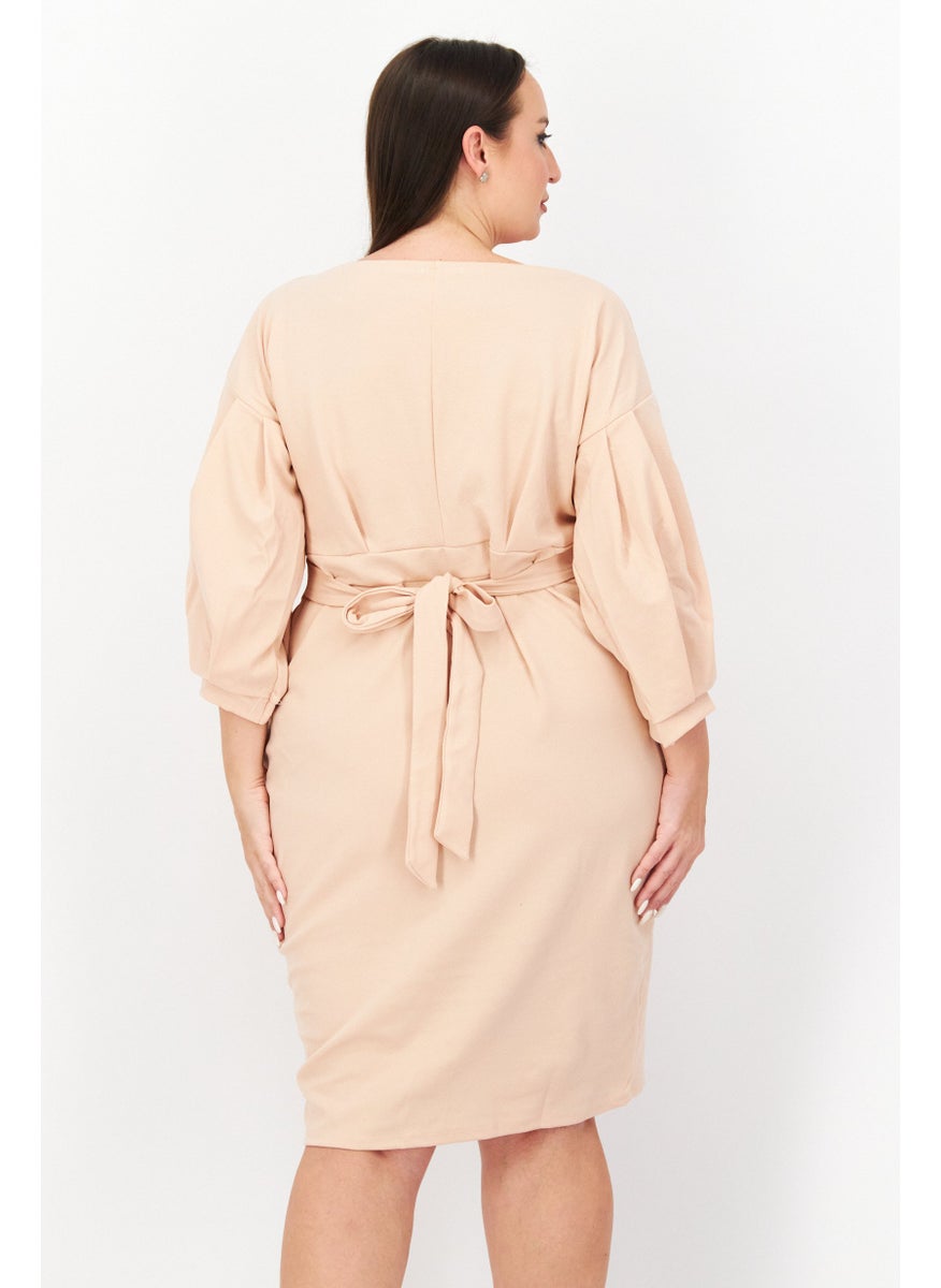 boohoo - Women Plus Size Surplice Neck 3/4 Sleeve Textured Mini Dress, Peach - Image 1