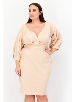 Women Plus Size Surplice Neck 3/4 Sleeve Textured Mini Dress, Peach