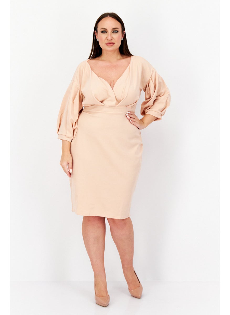 boohoo - Women Plus Size Surplice Neck 3/4 Sleeve Textured Mini Dress, Peach - Image 1