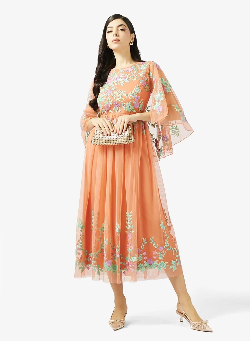 Embellished Mesh Detailed Long Sleeve Midi Dress