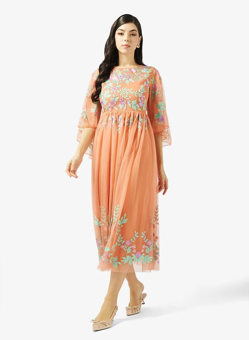 Frock And Frill  Embellished Mesh Detailed Long Sleeve Midi Dress for Women | Best Price UAE