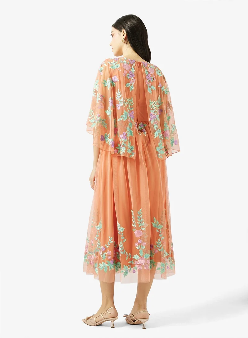 Frock and Frill Embellished Mesh Detailed Long Sleeve Midi Dress