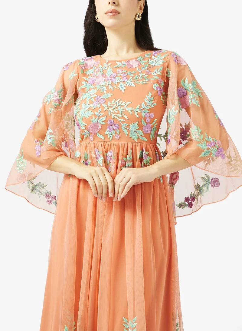 Frock And Frill  Embellished Mesh Detailed Long Sleeve Midi Dress for Women | Best Price UAE