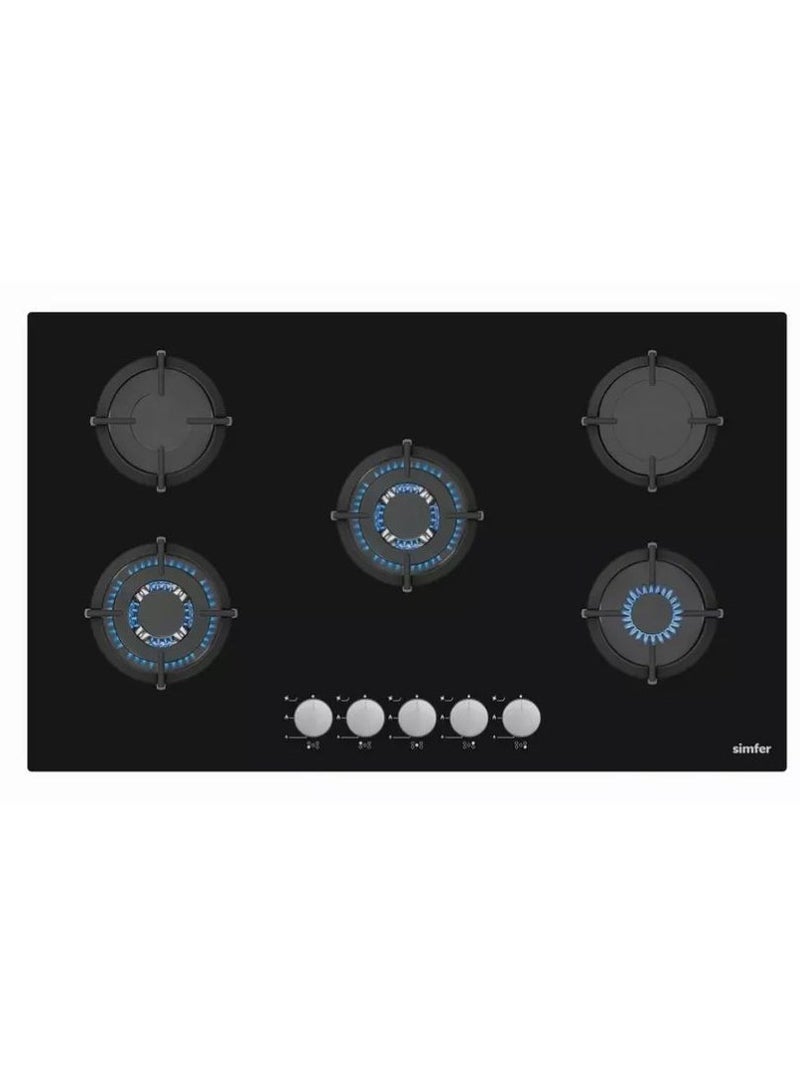 موقد غاز مدمج، 90 سم، 5 عيون، عين ثلاثية وسطى، أمان كامل، تشغيل ذاتي، زجاج أسود مقاوم للحرارة، مفاتيح جانبية، أسود، SMF-H9500NGSSP-SMF03