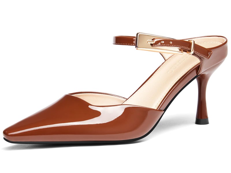 Coutgo Womens High Heels Mules Closed Pointed Toe Kitten Heel Pumps Ankle Buckle Strap Slip On Backless Dress Shoes Brown Size 6