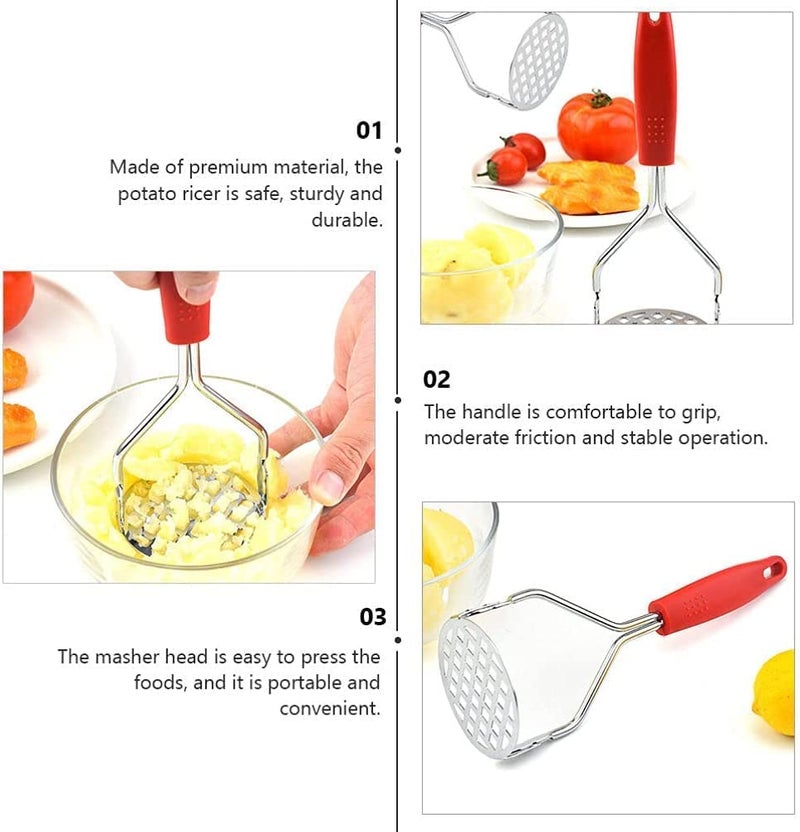 DANSR DANSR Potato Masher Stainless Steel Potato Ricer Masher Kitchen Gadget with NonSlip Handle Masher Utensil for Mashed Potato Vegetables Fruits Baby Food Black Pack of 1 RED  - Image 2