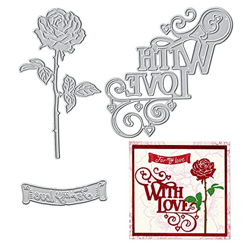 Threetols Metal Valentine's Day Flower Die Cuts for Card Making, Rose Flower Love Words Leaves Lace Cutting Dies for DIY Decor Paper Craft Card Making Scrapbooking Paper Album Stamp - Image 1