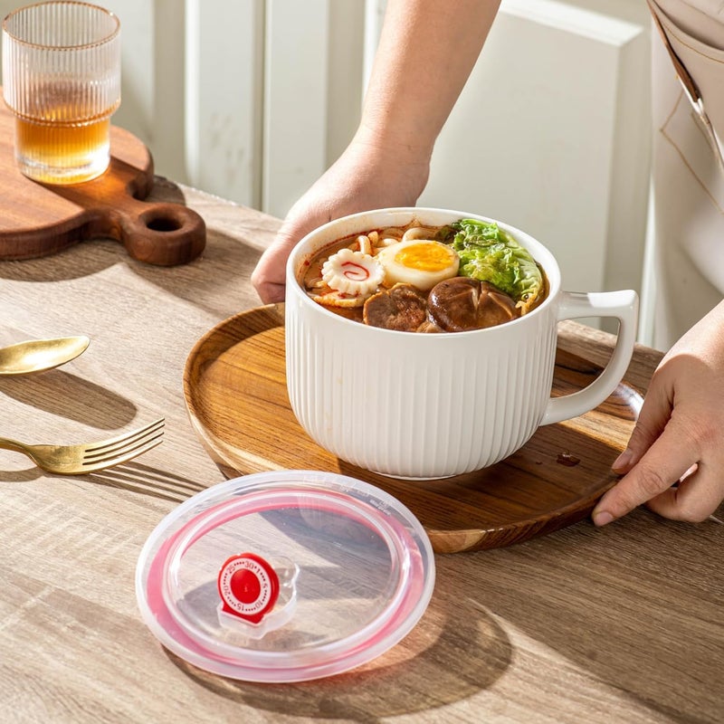 Hoilse Oversized 38oz Soup Bowl with Handle Large Wide Ramen Bowl with Lid Jumbo Soup mugs Containers for Ramen Instant Noodle Pastas Oatmeals Microwave and Dishwasher Safe  set of 2 White - Image 5