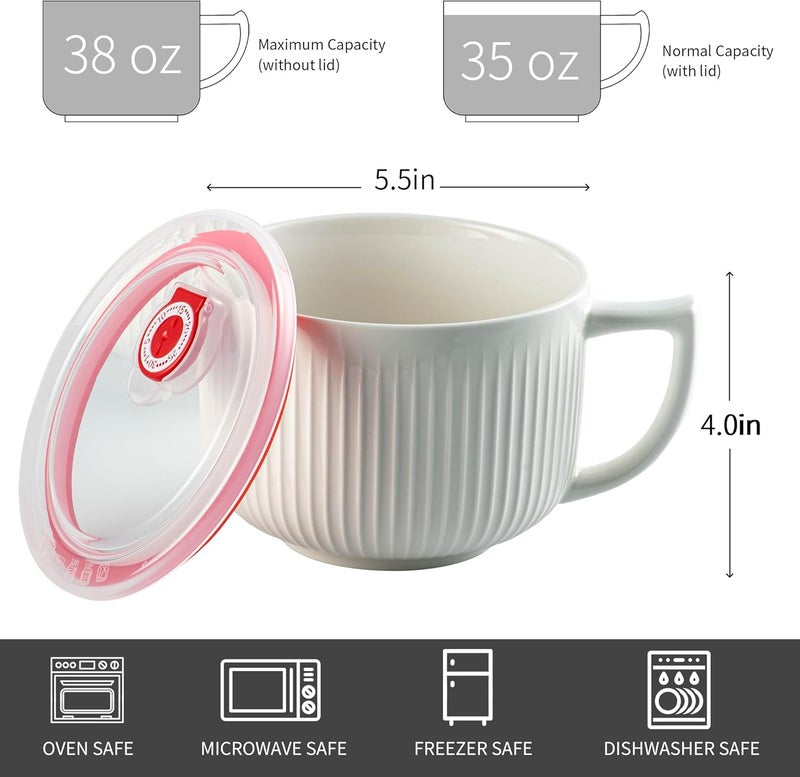 Hoilse Oversized 38oz Soup Bowl with Handle Large Wide Ramen Bowl with Lid Jumbo Soup mugs Containers for Ramen Instant Noodle Pastas Oatmeals Microwave and Dishwasher Safe  set of 2 White - Image 3