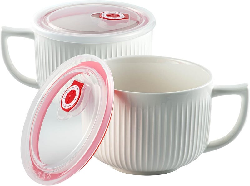 Hoilse Oversized 38oz Soup Bowl with Handle Large Wide Ramen Bowl with Lid Jumbo Soup mugs Containers for Ramen Instant Noodle Pastas Oatmeals Microwave and Dishwasher Safe  set of 2 White - Image 1