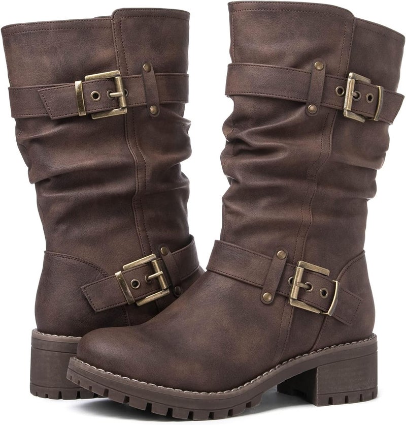GLOBALWIN Women's Mid Calf Biker Motorcycle Riding Boots - Brown Size 9M - Image 3