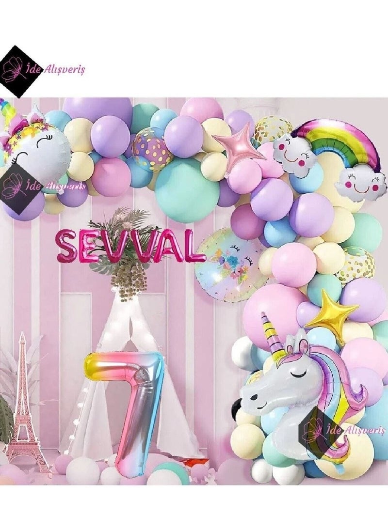 Store 6 Letter 7 Year Old Rainbow Concept Unicorn Themed Macaron Balloon Birthday Party Celebration Set  - Image 1