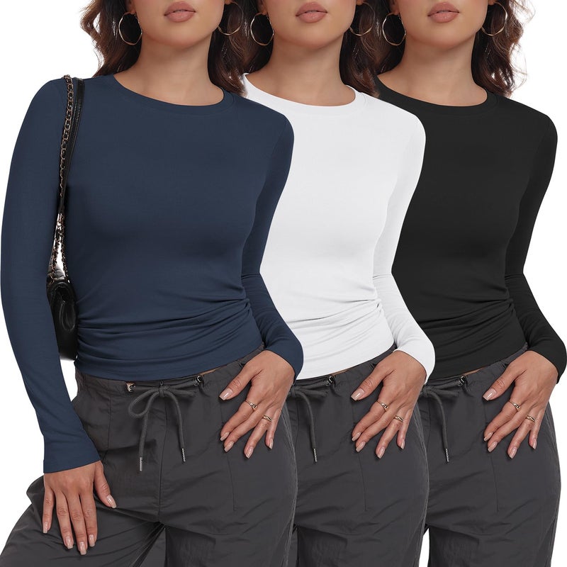 MLYENX 3 Pack Womens Long Sleeve Shirts Crew Neck Basic Stretchy Fitted Y2K Tops Going Out Fashion Clothes - Image 1