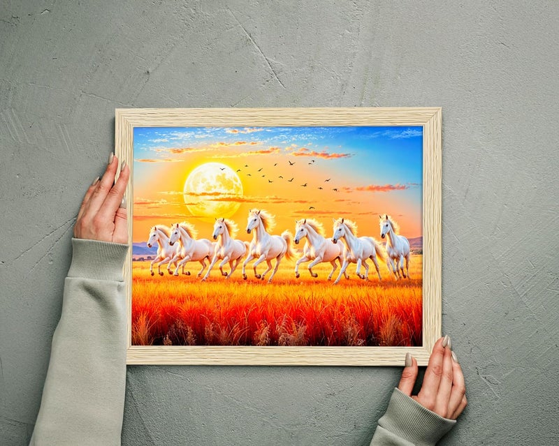 ArtX Paper 7 Horses Vastu Frame Wall Art Painting, White Running Horses Painting Vastu, Wall Decor, Multicolor, Nature, 13.0 X 10.0 inch, Set of 1 - Image 2