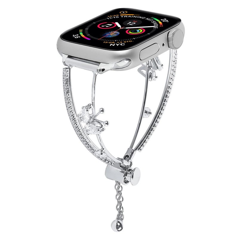 For Apple Watch 46mm / 49mm / 45mm / 44mm Copper-Inlaid Butterfly Zircon Bracelet Watch Band(Siver)