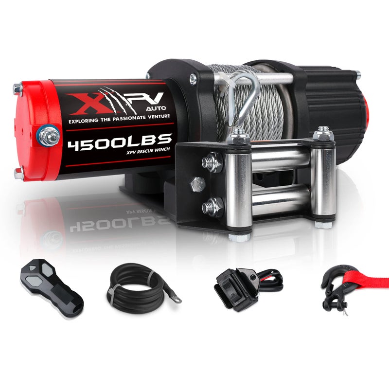 Generic XPV AUTO 12V 4500LBS Steel Rope Electric Winch for Towing ATV/UTV Off Road with Wireless Remote Control Mounting Bracket IP67 Waterproof Electric Winch with 4-Way Roller Fairlead  - Image 1