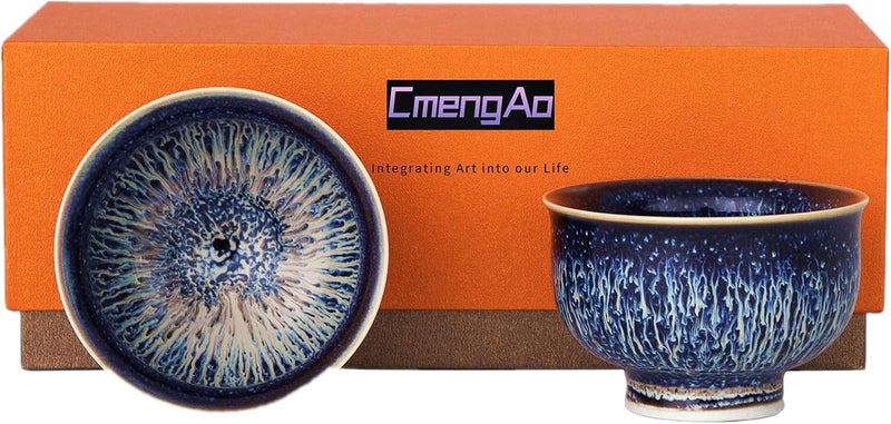CmengAo Tenmokus Tea Cups  Blue Starry Sky Glaze Jianzhan Ceramic Goblet Teacup Traditional Chinese Tea Cups Set of 2 Asian Small Porcelain Tea Bowls for Tea and Coffee 44 oz - Image 1