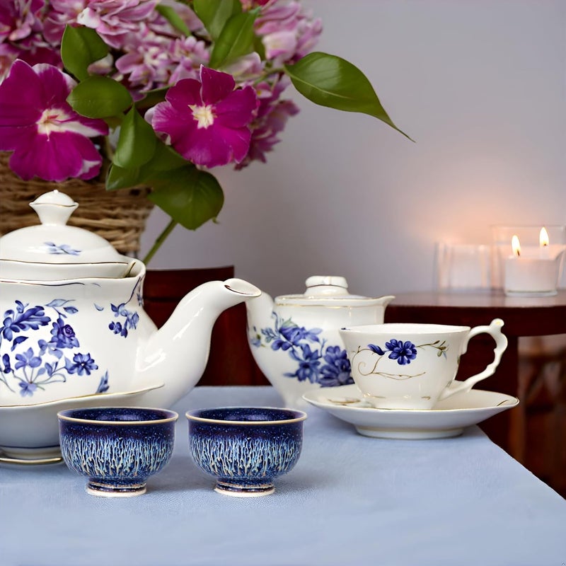 CmengAo Tenmokus Tea Cups  Blue Starry Sky Glaze Jianzhan Ceramic Goblet Teacup Traditional Chinese Tea Cups Set of 2 Asian Small Porcelain Tea Bowls for Tea and Coffee 44 oz - Image 3