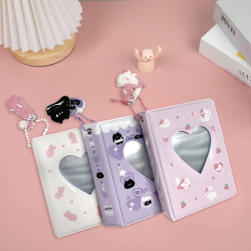 YAHUIPEIUS 3 Inch Mini Photo Album  Heart Hollow Card Binder Photo Album Photo Card Holder with Pendant 40 Pockets (purple black cat) - Image 5